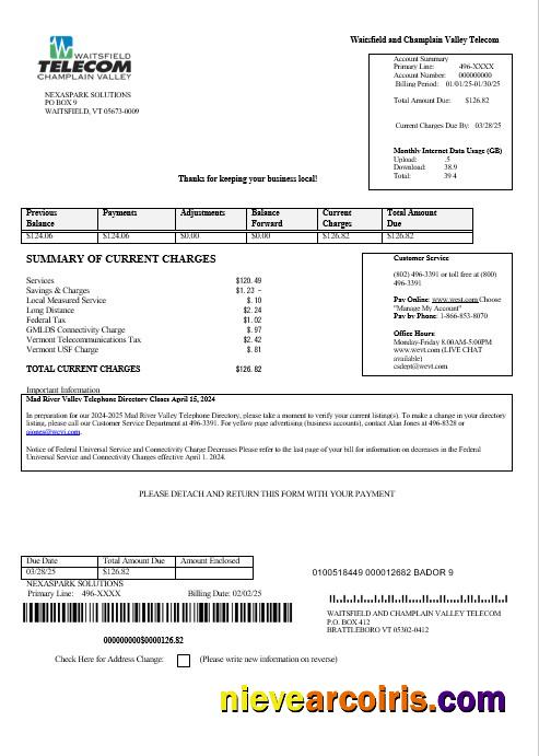 USA Waitsfield Telecom business utility bill